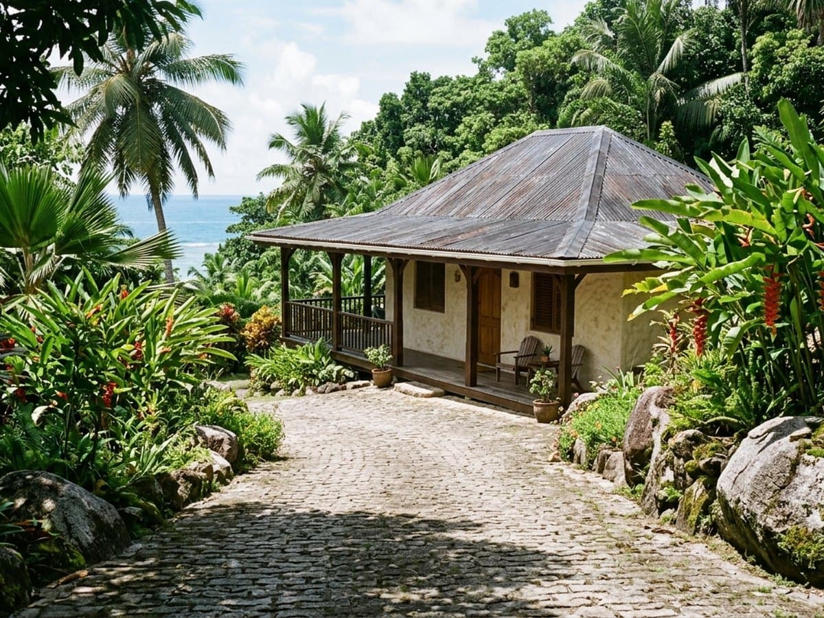 A cobbled drive leading up to a guesthouse, with palms and the sea behind
